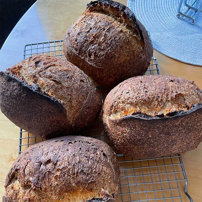 Seeded sourdough bread cooling on rack